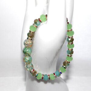Handmade Stretchable Green Multi-color Glass Beads & Rhinestone Bracelet